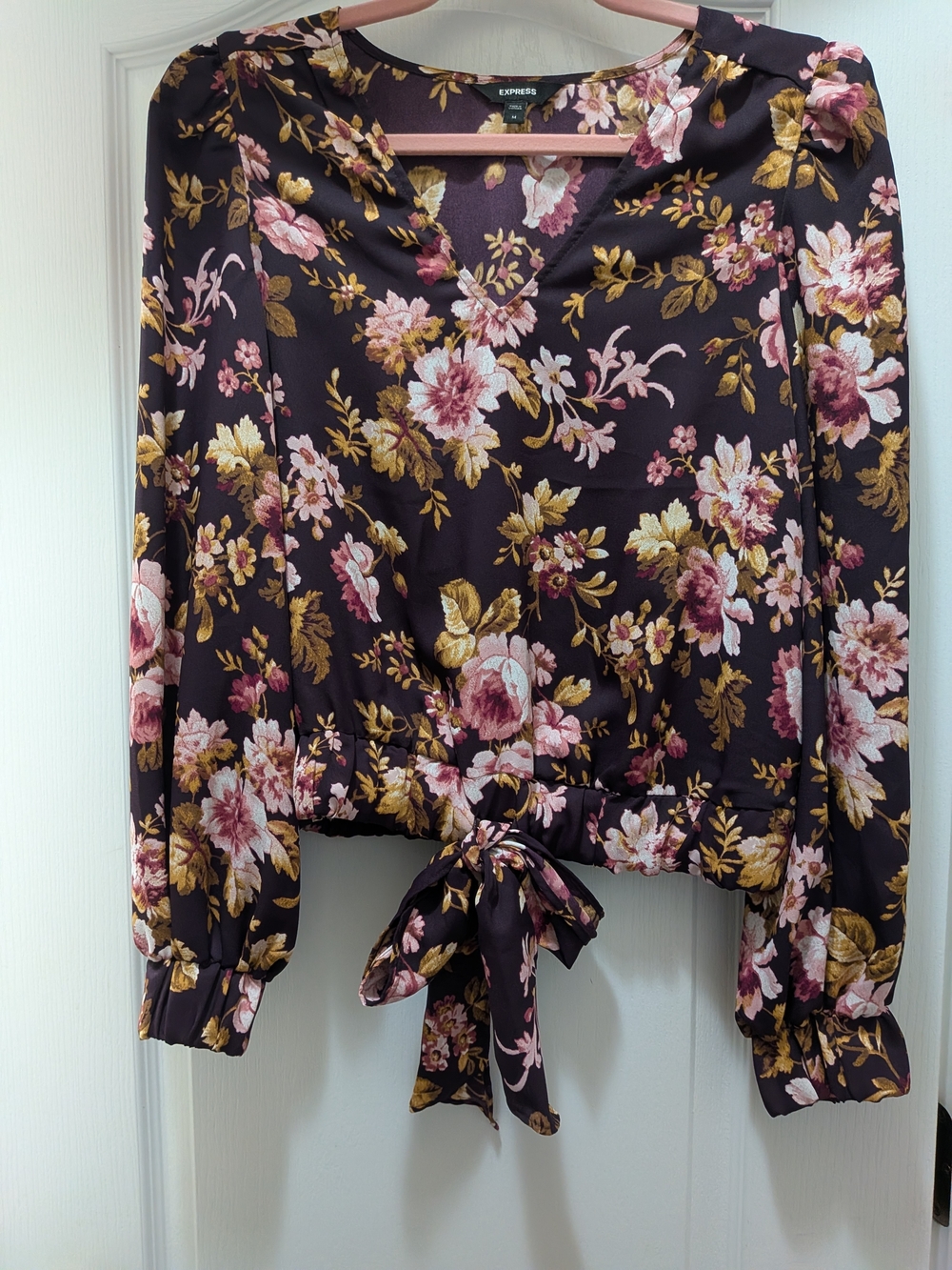Express Floral Tie-Front V-Neck Blouse — Plum with Pink & Gold Flowers